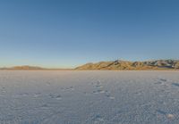 a lone snowboarder rides through the vast landscape of desert area at sunset with mountain range in background