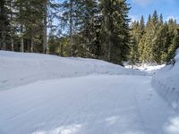 a snowboarder going down a snowy slope in the forest at a ski resort