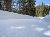 a snowboarder going down a snowy slope in the forest at a ski resort