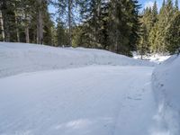 a snowboarder going down a snowy slope in the forest at a ski resort