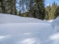 a snowboarder going down a snowy slope in the forest at a ski resort