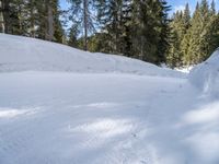 a snowboarder going down a snowy slope in the forest at a ski resort