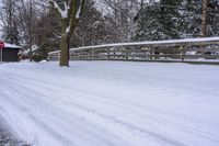 a person snowboarding down the road near a small wooden bridge and some trees on the side of the street