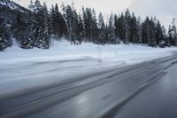a blurry photograph of a snowboarder in the road surrounded by trees and woods