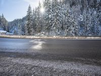 a man stands next to a snow covered forest in the road while a car drives past