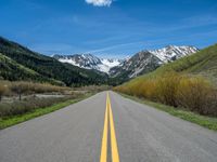 the road is paved with yellow markings and has a snowy mountain range in the background