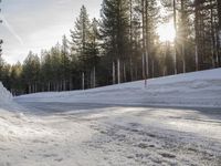 a long country road is covered with snow and has a person riding a ski on it