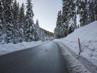 a snowy road next to evergreen trees on an icy day with blue sky and low clouds