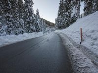 a snowy road next to evergreen trees on an icy day with blue sky and low clouds