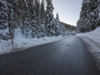 a snowy road next to evergreen trees on an icy day with blue sky and low clouds