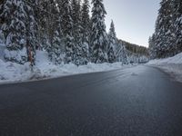 a snowy road next to evergreen trees on an icy day with blue sky and low clouds