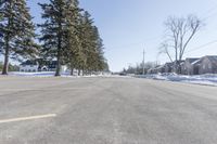 a road with parked cars and large evergreen trees on the roadside side of it is snow on the ground