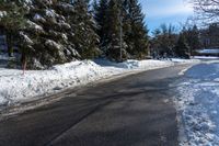 a road that has snow on the side and several trees by it along with blue sky in the background