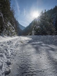 a snowy road covered in snow with trees behind it at sunset time, while the sun shines in a blue sky