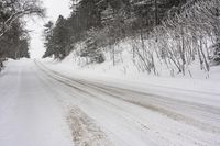 the snow is falling on the snowy road by trees and bushes and electric wires are seen