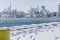 a person riding a bicycle on a snowy street near a city skyline with the ocean in front