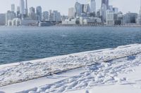 a person riding a bicycle on a snowy street near a city skyline with the ocean in front