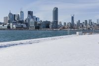 a person riding a bicycle on a snowy street near a city skyline with the ocean in front