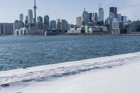 a person riding a bicycle on a snowy street near a city skyline with the ocean in front