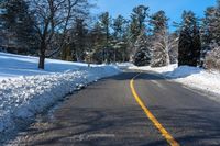 the side of a road is covered in snow, with a sign for green mountain park