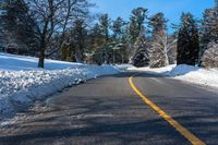 the side of a road is covered in snow, with a sign for green mountain park