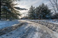 the snowy road looks very scenic in this photograph or photo, as it seems to look like it has been taken