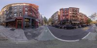 a street corner and two panoramic rendering images with buildings in the background and a street in the foreground