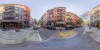 street view with multiple exposures of cars and buildings and buildings around street intersection with people walking, pedestrians on sidewalk in foreground