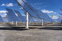 rows of solar panels are in a field on the ground with blue skies in the background