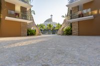 a very big nice looking walkway way with palm trees and buildings in the background for a very beautiful effect