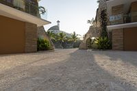 a very big nice looking walkway way with palm trees and buildings in the background for a very beautiful effect