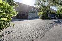 an asphalt paved driveway in front of a building with bushes and trees to the side