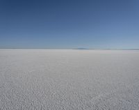 a lone person in the middle of a vast desert surface, looking to the left