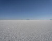 a lone person in the middle of a vast desert surface, looking to the left