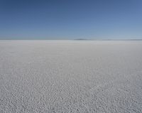 a lone person in the middle of a vast desert surface, looking to the left