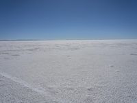 a lone person in the middle of a vast desert surface, looking to the left