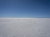 a lone person in the middle of a vast desert surface, looking to the left