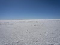 a lone person in the middle of a vast desert surface, looking to the left