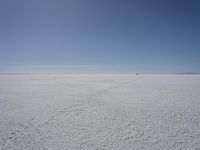 a lone person in the middle of a vast desert surface, looking to the left