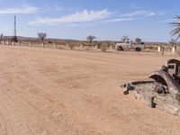 an old car and truck in a desert setting with an old style plant growing out of the back