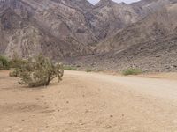 a motorcycle riding on a dirt road in front of a desert mountain range with tall mountains