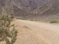 a motorcycle riding on a dirt road in front of a desert mountain range with tall mountains