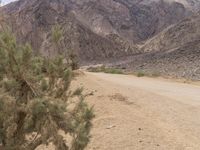 a motorcycle riding on a dirt road in front of a desert mountain range with tall mountains