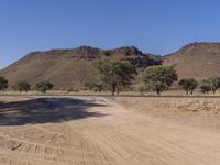 a stop sign sitting at the end of a dirt road in front of a mountain