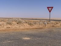 a road sign is seen in a desert area with a dirt road in the distance