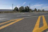 a stop sign painted with yellow paint is on the side of the road near a tree