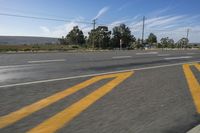 a stop sign painted with yellow paint is on the side of the road near a tree