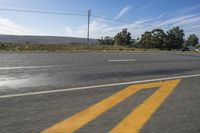 a stop sign painted with yellow paint is on the side of the road near a tree