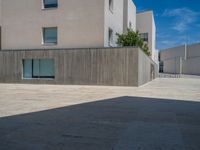 the gray concrete walls of a building have a line of steps on the left side