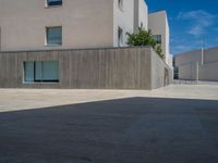 the gray concrete walls of a building have a line of steps on the left side